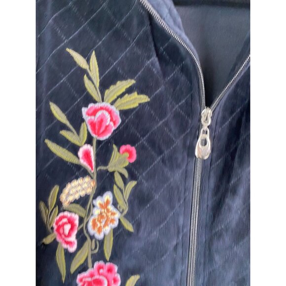 Natural Impressions Black Velour Quilted Floral Embroidered Jacket sz Large Zip - Picture 9 of 12